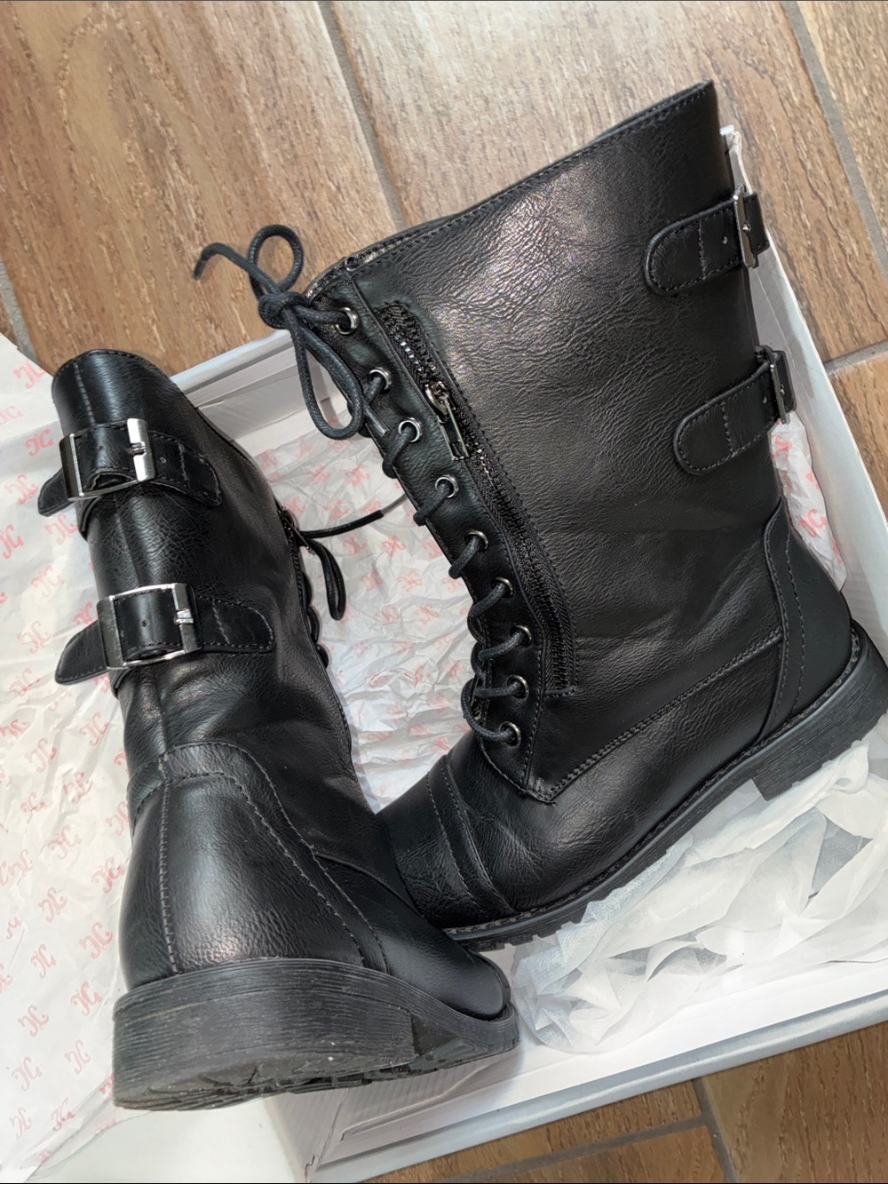 Journee Collection Black Lace-Up Moto Combat Boots - Picture 8 of 9